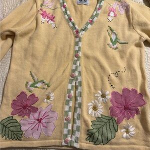 Storybook Knits Yellow Cardigan with Floral and Hummingbird Embroidery